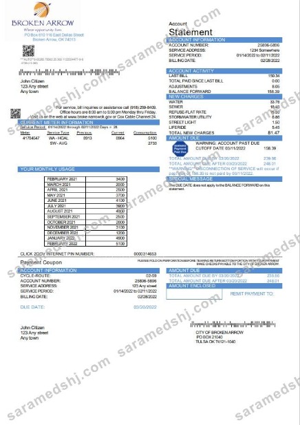 USA Oklahoma City of Broken Arrow utility bill template in Word and PDF format